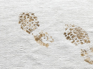 Dirty footprints on white carpet