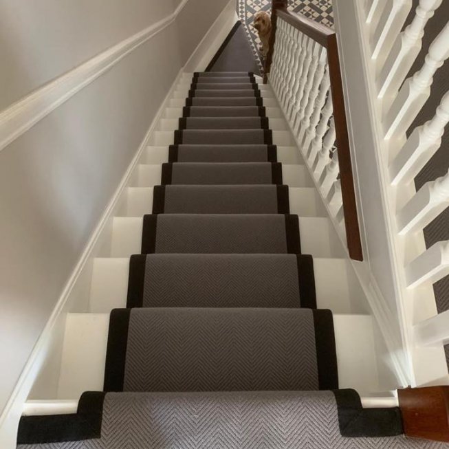 Flat Weave Herringbone Carpet with Black Fabric Edge & Chrome Stair Rods